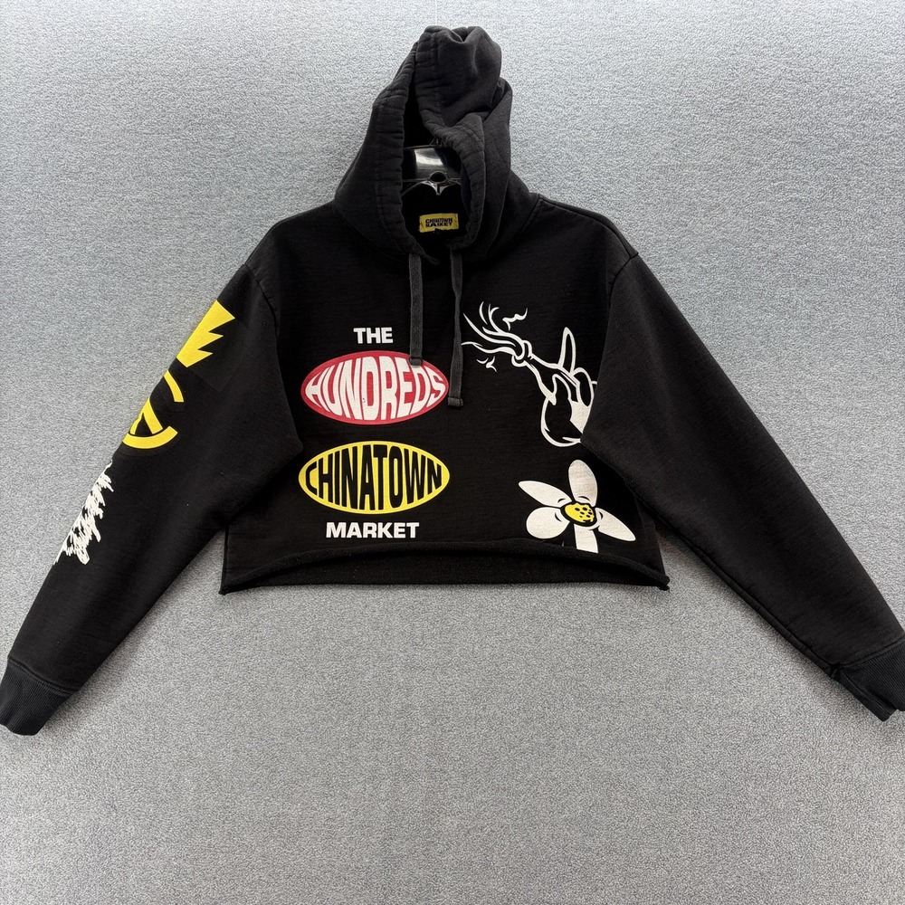 Chinatown Market X The Hundreds Hoodie Women Medium Black Graphic Crop Oversized
